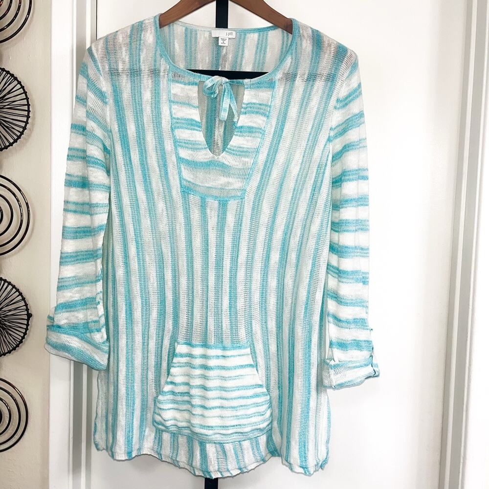 J Jill Womens Linen Blend Tunic Sweater Coastal - Blue Stripe, Size M Petite